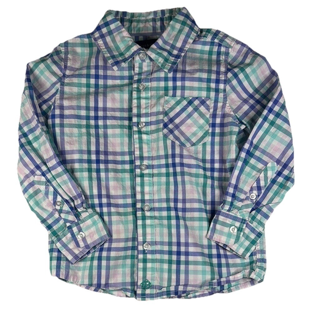 Andy & Evan Boys' Blue and‎ Green Long Plaid Sleeve Button Down Shirt Size 5y